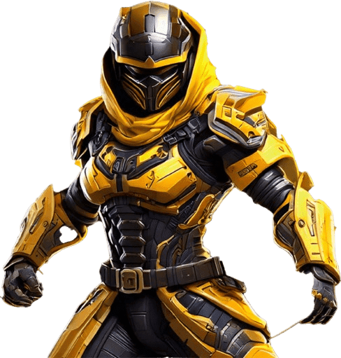 robot wearing yellow and black shield