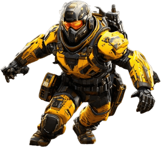 robot wearing yellow and black shield