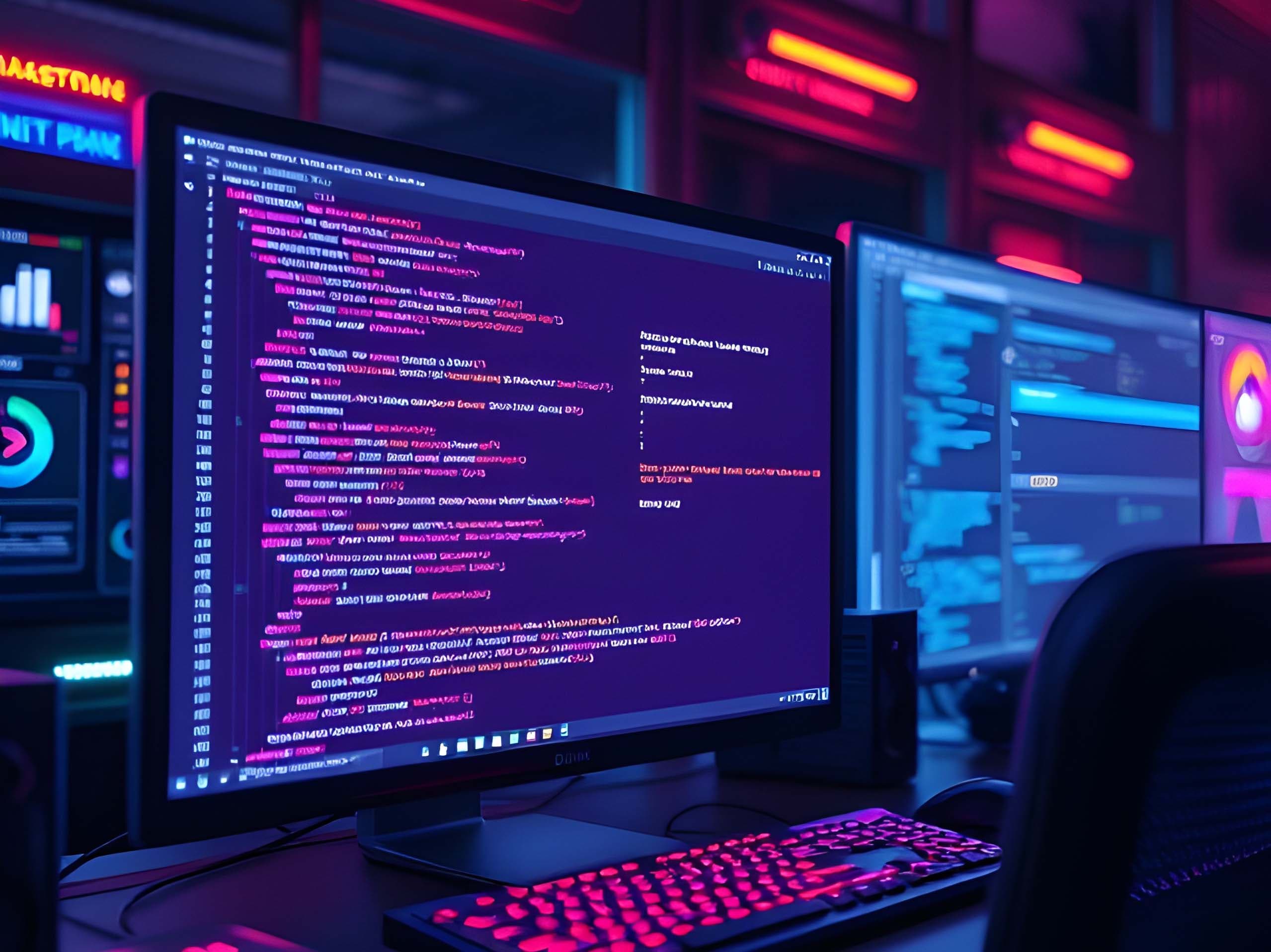 Monitor screens representing code and programming